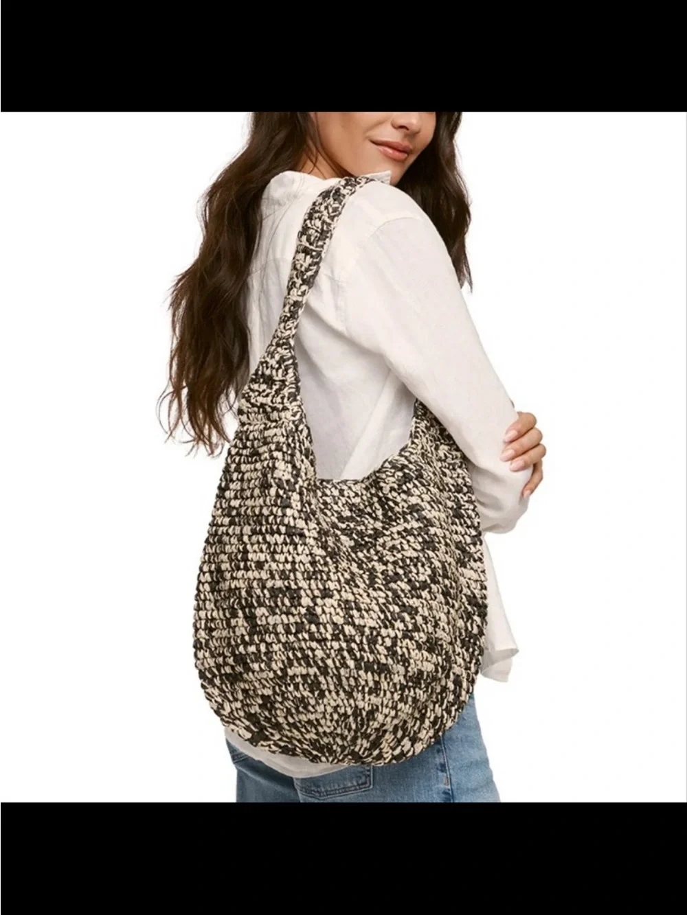 Banana Republic Black & Cream Woven Raffia Hobo Bag